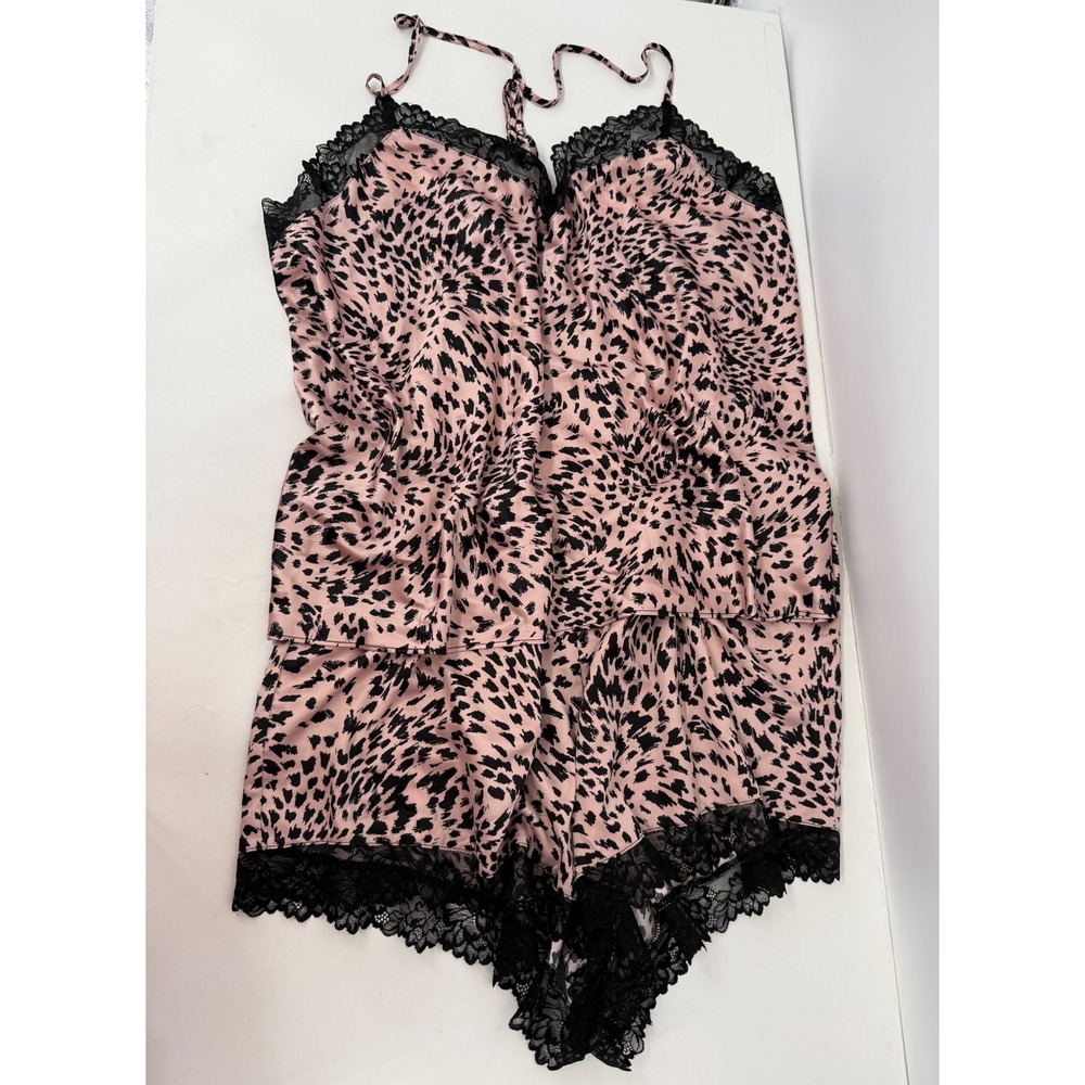 Joyspun Womens Pink Leopard Print Satin Pajama Set Lace Trim Cami‎ Shorts Sz 3X